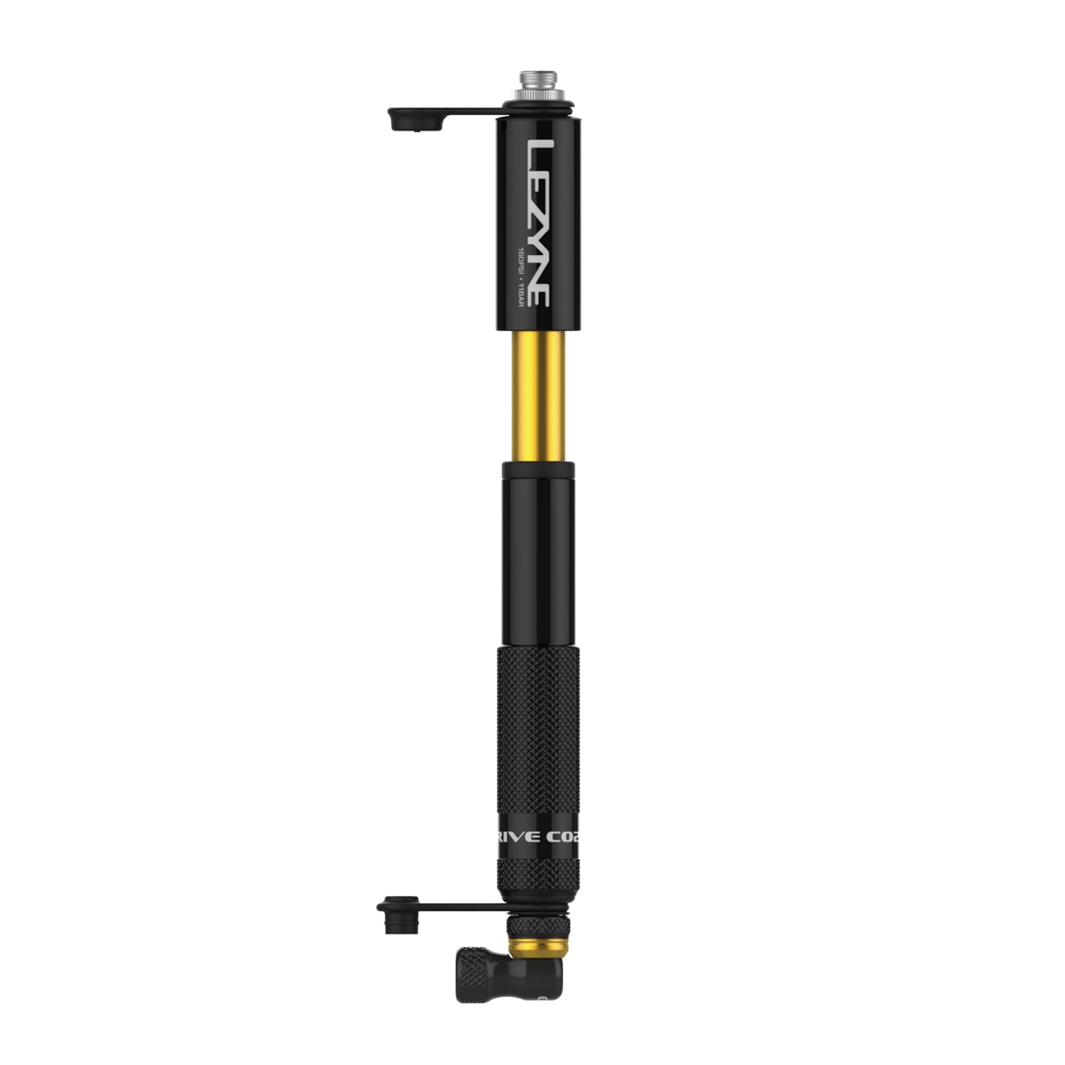 Close-up of Pocket Drive CO2 bike hand pump with its integrated CO2 chuck for precision inflation on the go.