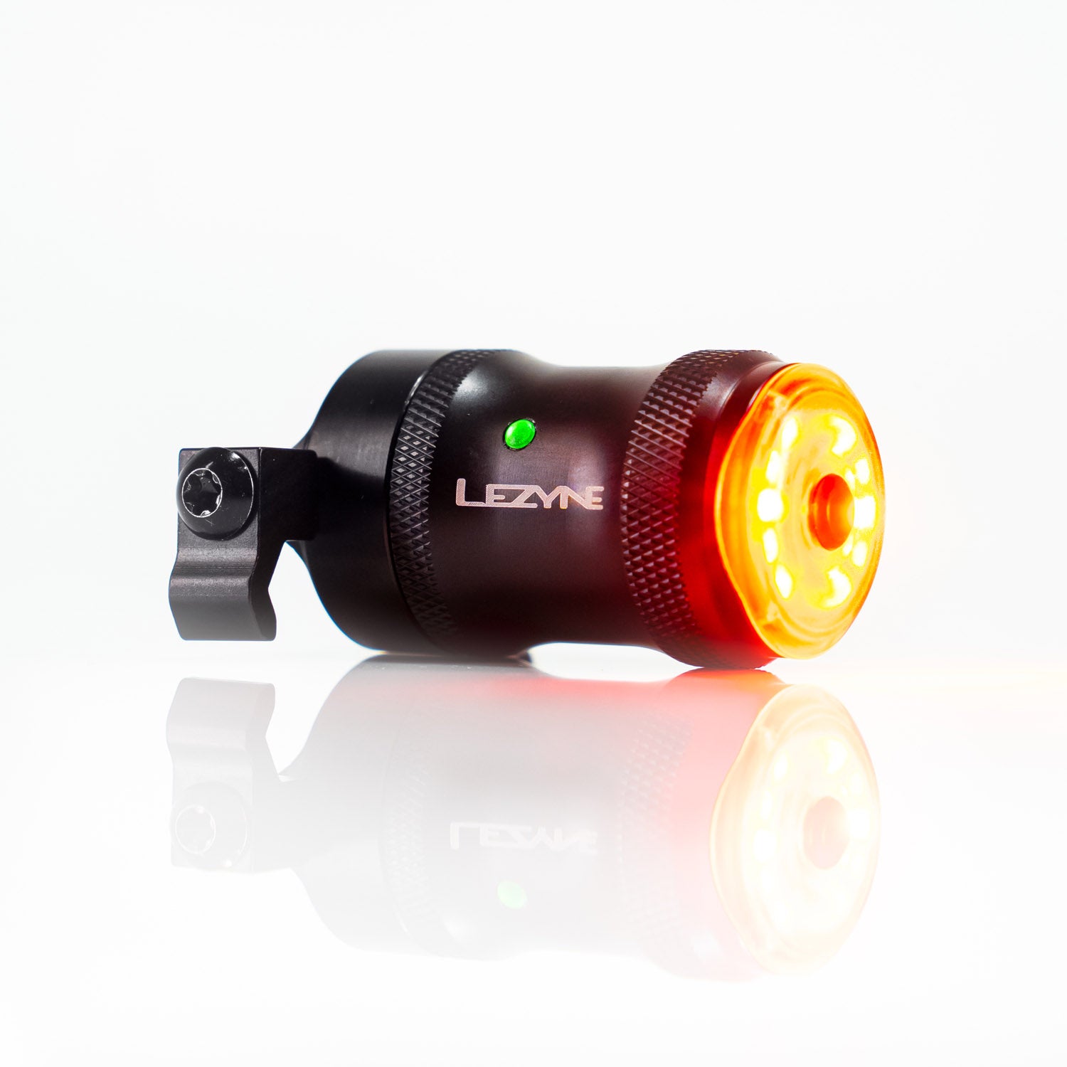 Side view of SADDLE Ai ALERT 250 REAR LED bike light with green power indicator and premium red LED lights.