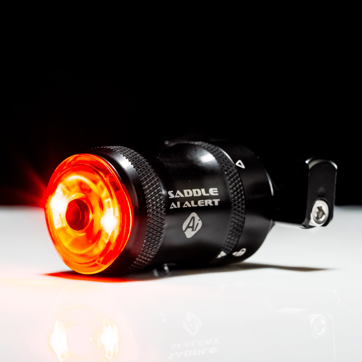 Lezyne Saddle Ai Alert 250 product with light on.