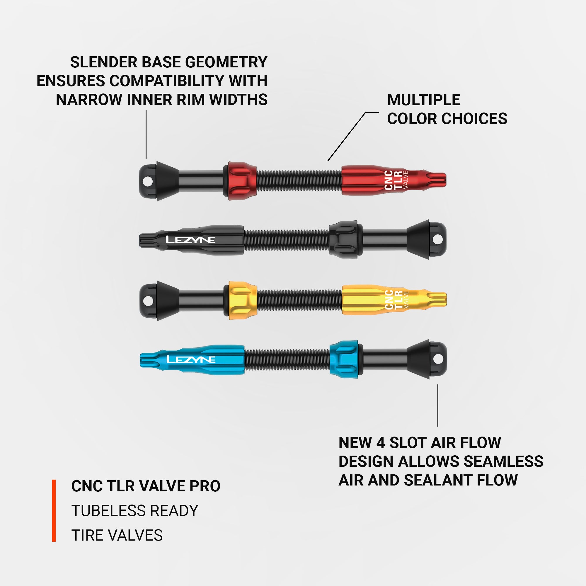 CNC TRL VALVE PRO â€“ Available in four sleek colors: black, red, blue, and gold, adding style to any tubeless bike setup.