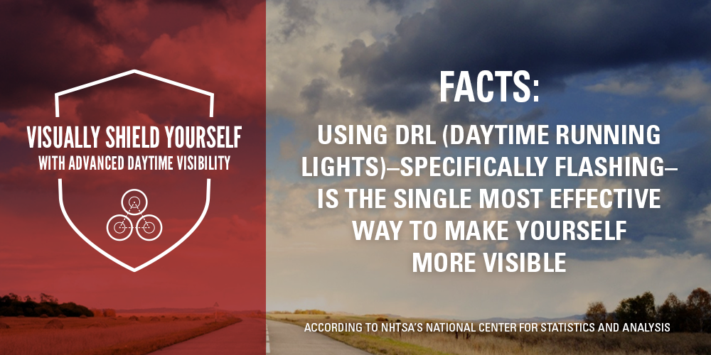 Facts: Using DRL (Daytime Running Lights) - Specifically Flashing - Is the single most effective way to make yourself more visible.