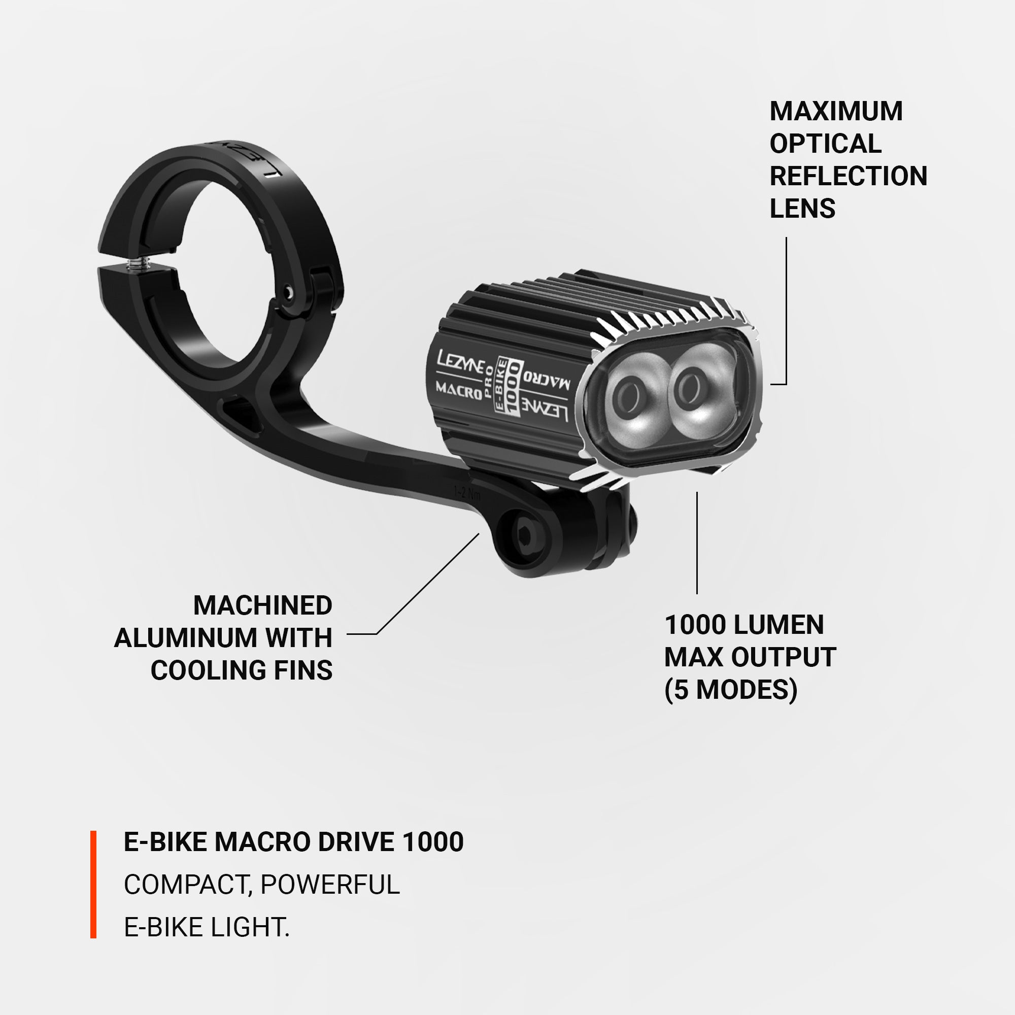 Lezyne E-Bike Macro Drive 1000 with Maximum Optical Reflection lens, 1000-lumen output, and machined aluminum housing with cooling fins.