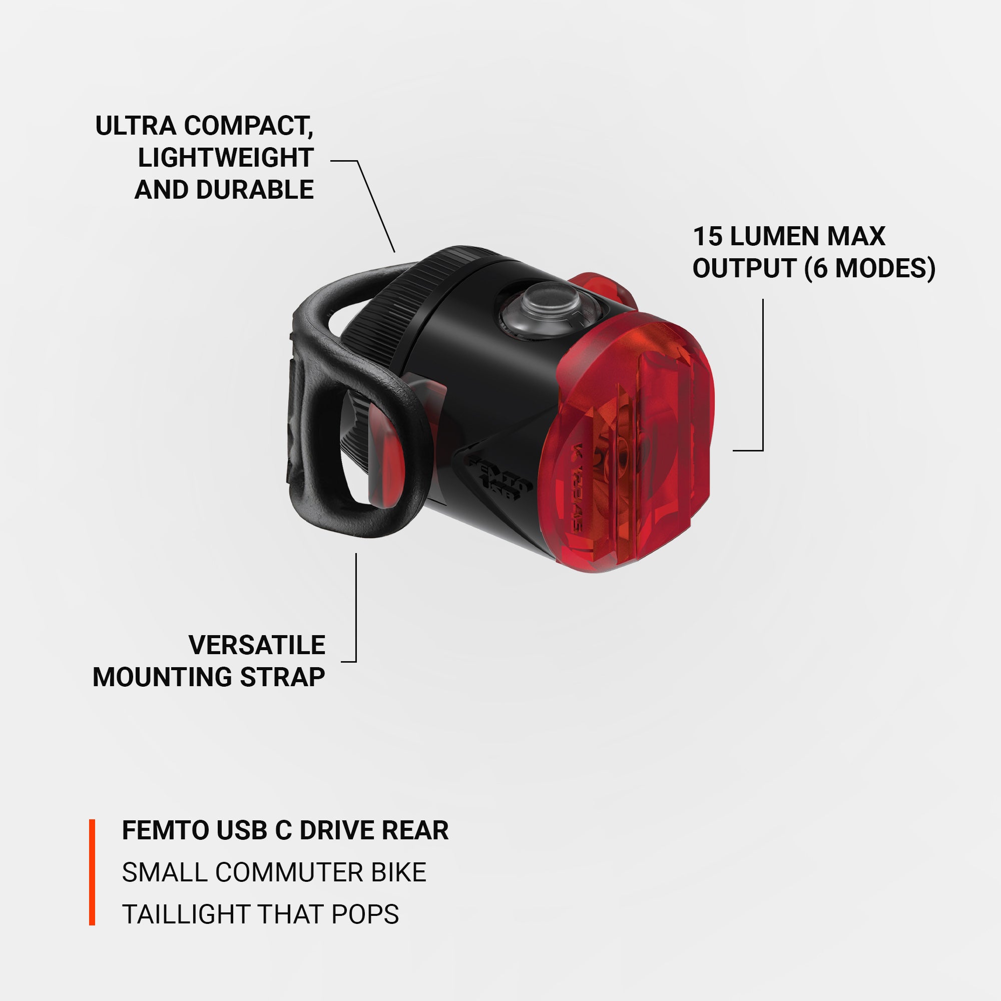 Lezyne Femto USB-C Drive Rear LED bike light with 15-lumen output, compact design, and versatile mounting strap.