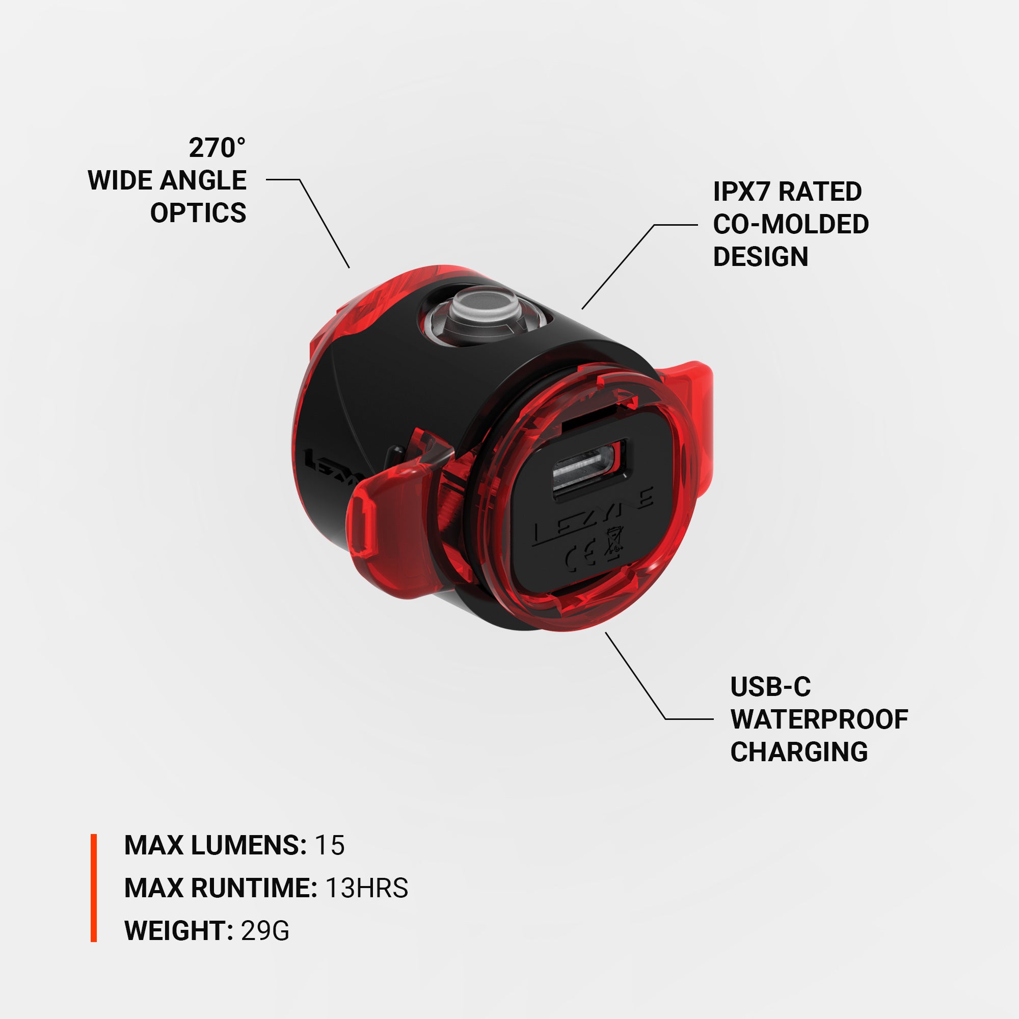 Lezyne Femto USB-C Drive Rear LED bike light, back view with waterproof USB-C charging port for reliable performance in all weather conditions.