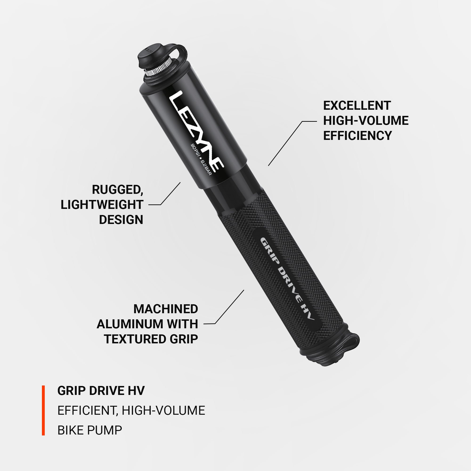 Lezyne Grip Drive HV high-volume hand pump, featuring ergonomic overlapping handle and rebuildable aluminum design.