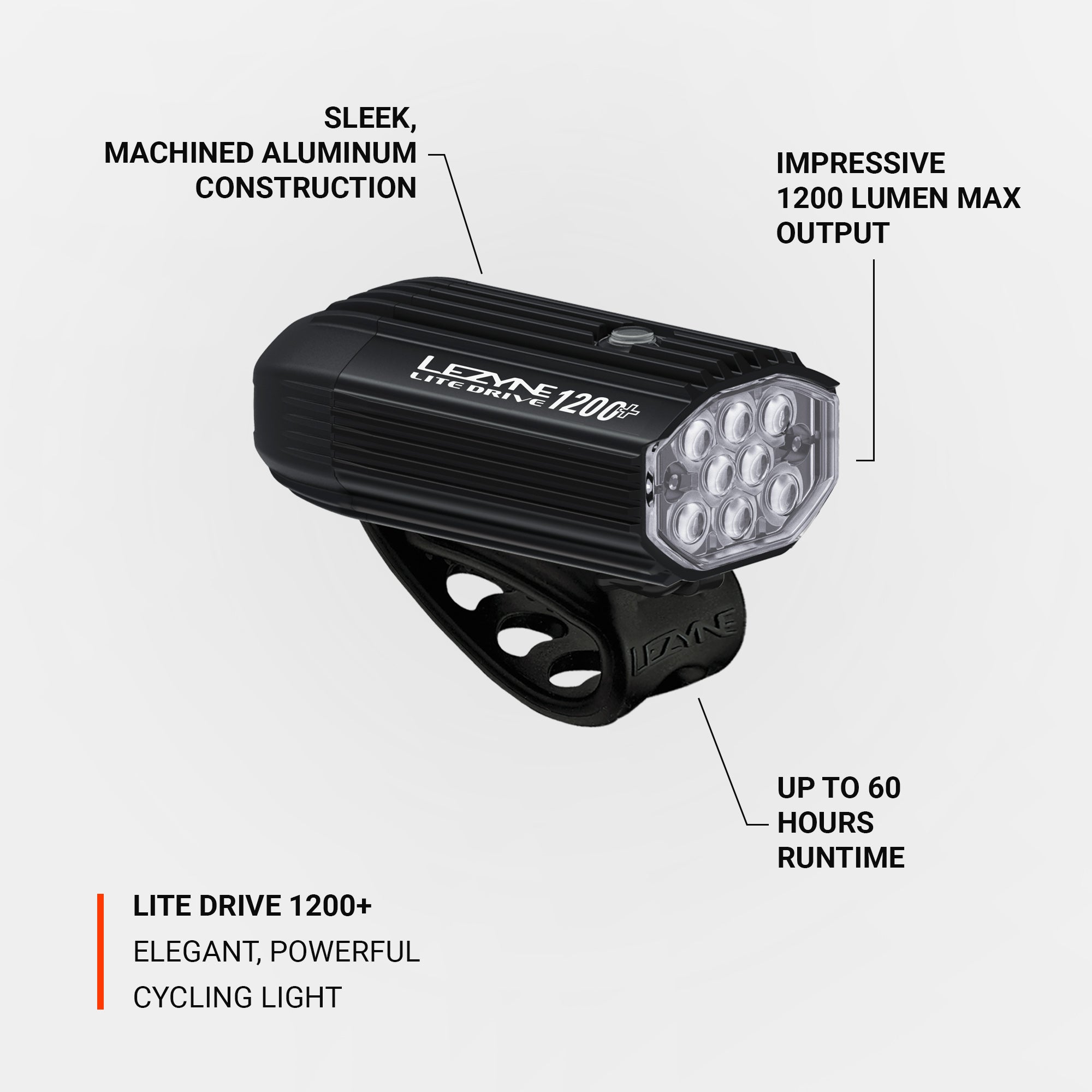 Lezyne Lite Drive 1200+, elegant front bike light cycling.