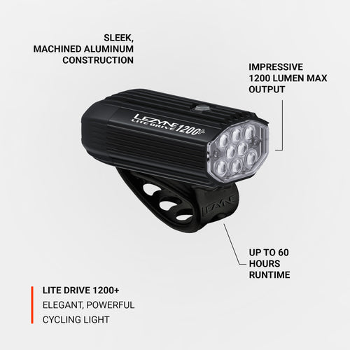 Lezyne Lite Drive 1200+ LED front bike light with durable aluminum body and up to 60-hour runtime for long rides.