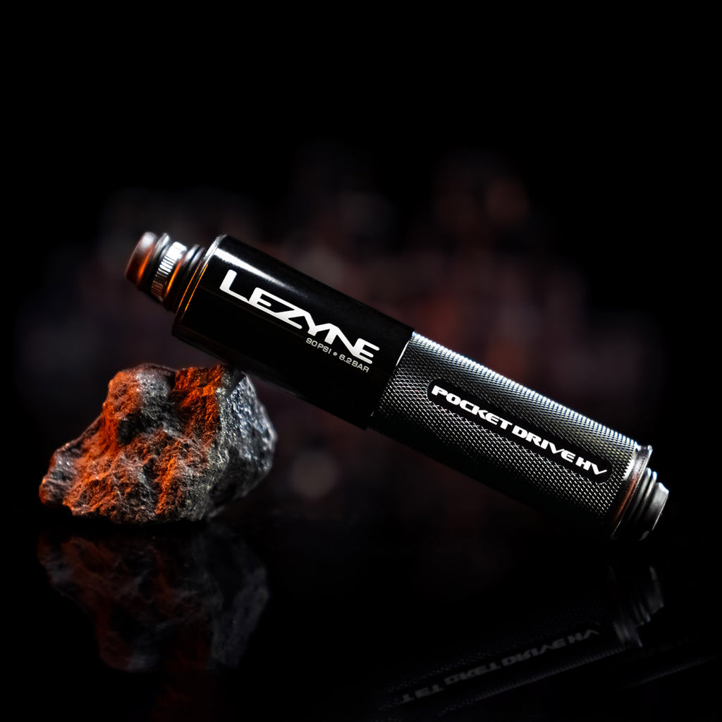 Lightweight Lezyne Pocket Drive HV pump with overlapping handle and ABS Flex Hose for reliable, high-volume tire inflation.