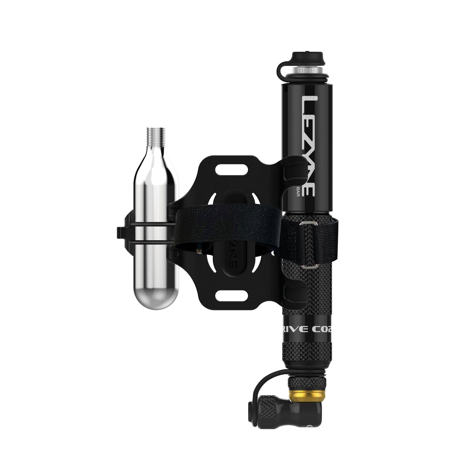 Pocket Drive CO2 bike hand pump with CO2 cartridge on mount, showing complete on-bike storage setup.