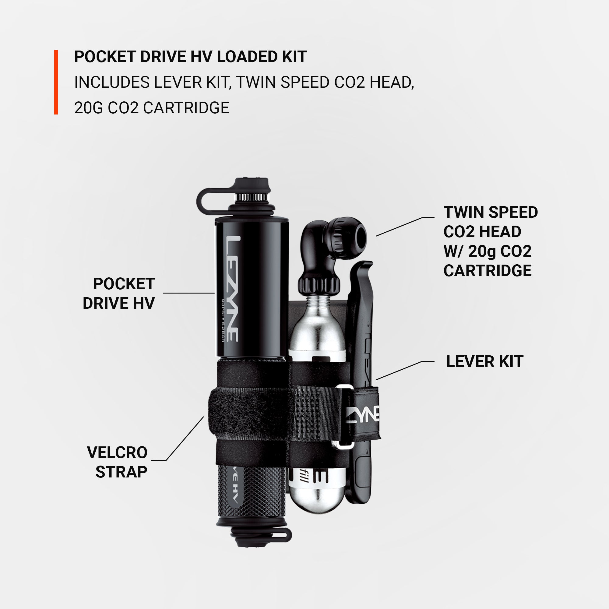 Efficient Pocket Drive HV Loaded Kit, including lightweight mini pump, lever kit, Twin Speed Drive CO2, and secure strap.