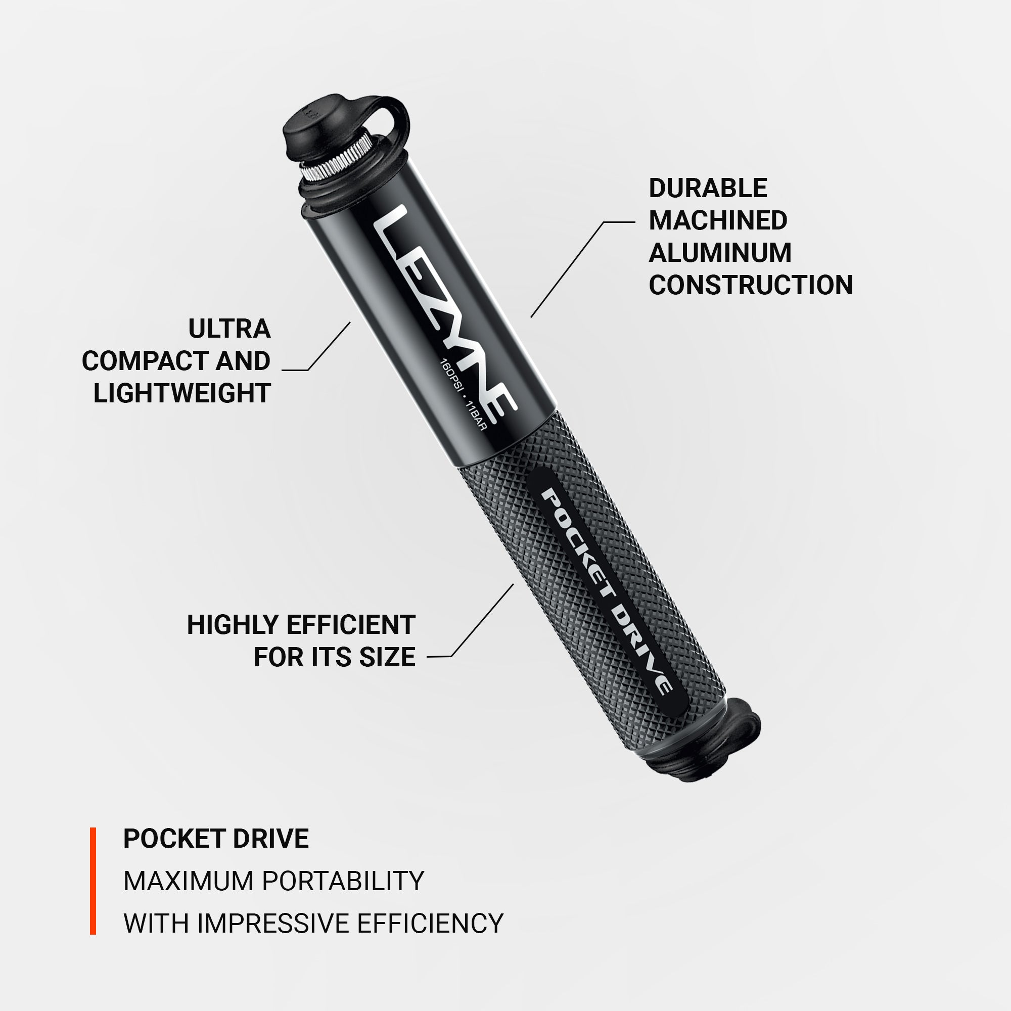 Lightweight Lezyne Pocket Drive bike mini pump with aluminum construction, designed for compact storage and efficient tire inflation.