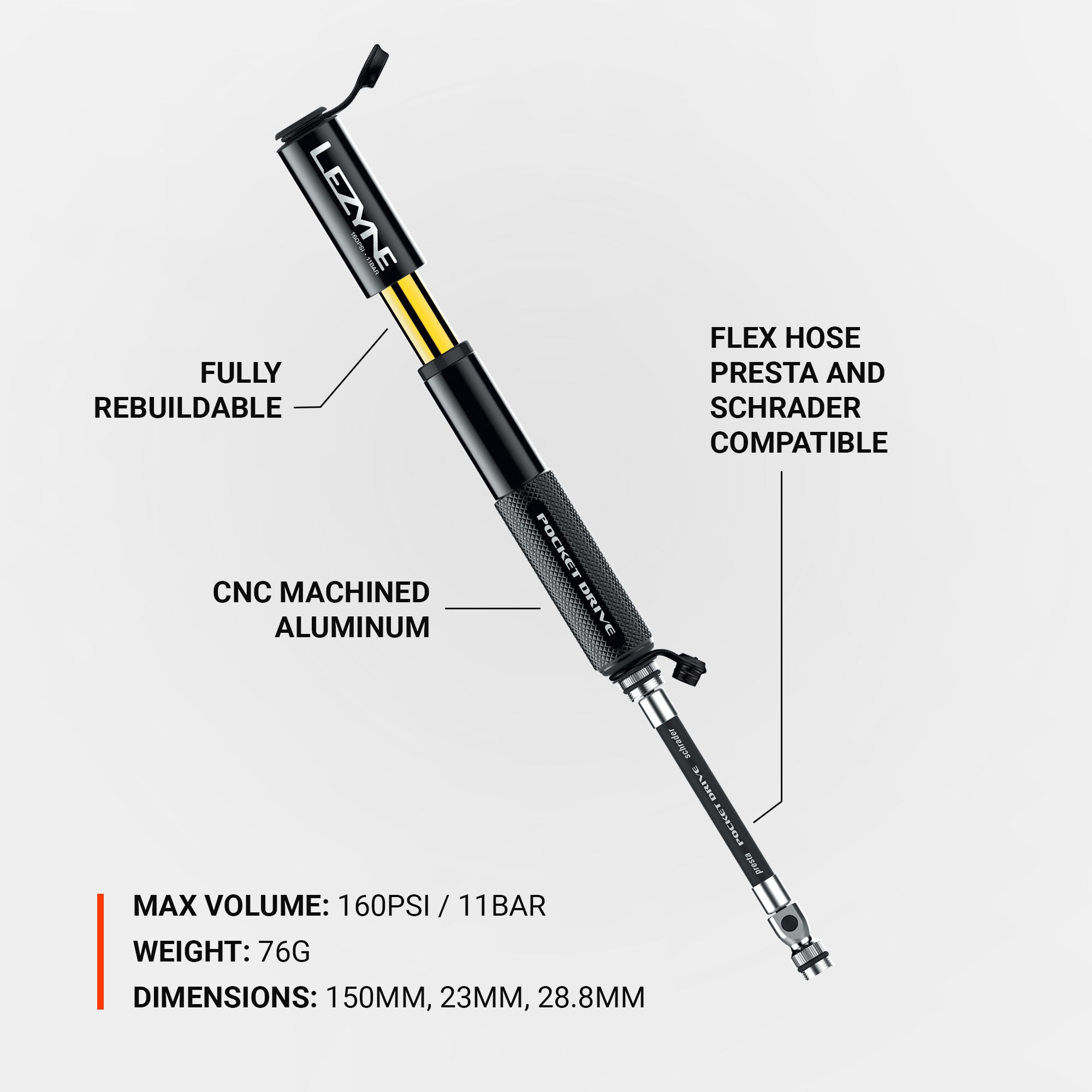 Durable and lightweight Lezyne Pocket Drive bike hand pump, offering compact design and efficient performance for road and gravel bikes.