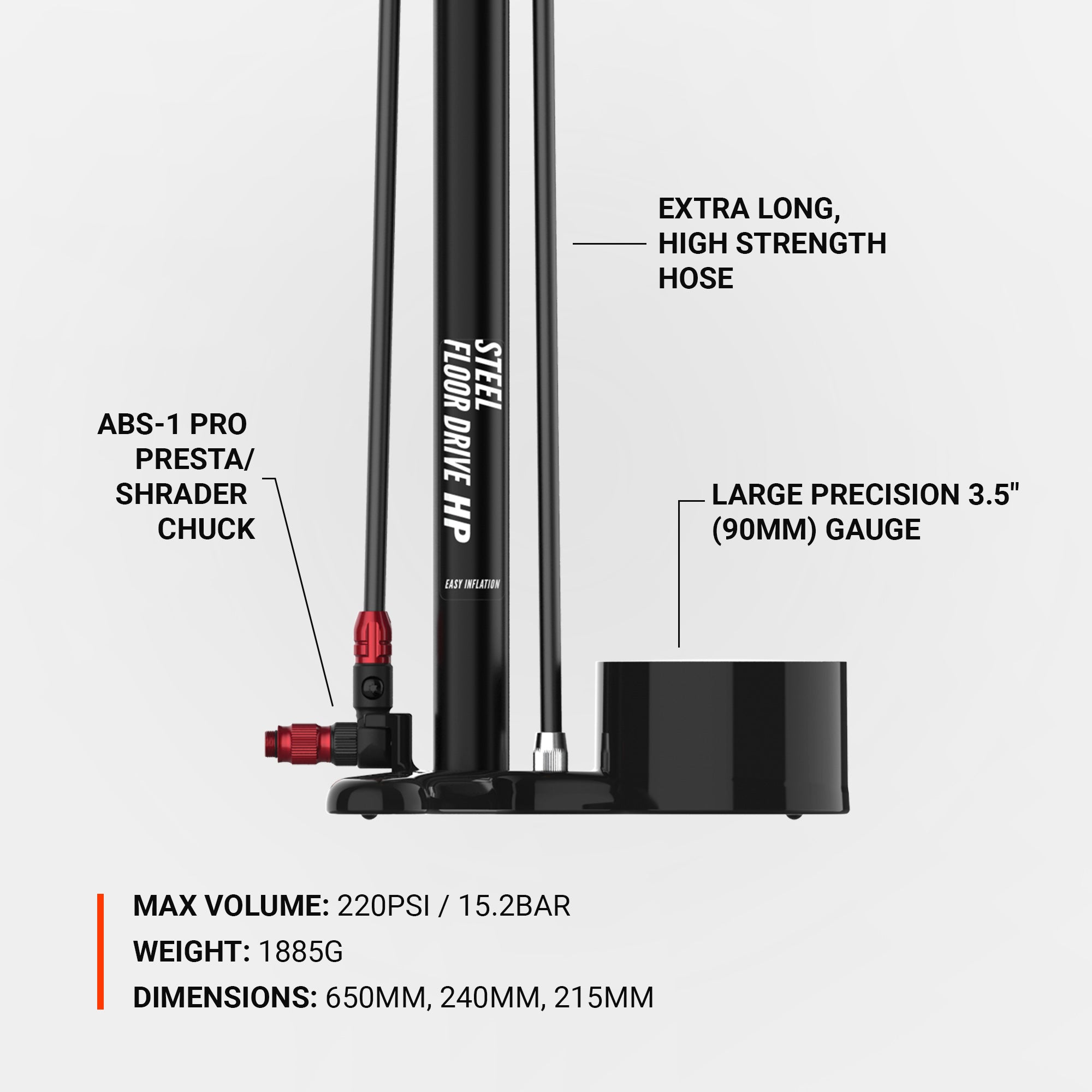 High-pressure Steel Floor Drive 3.5 pump with ABS-1 Pro chuck, offering accurate and effortless inflation for all bike types.