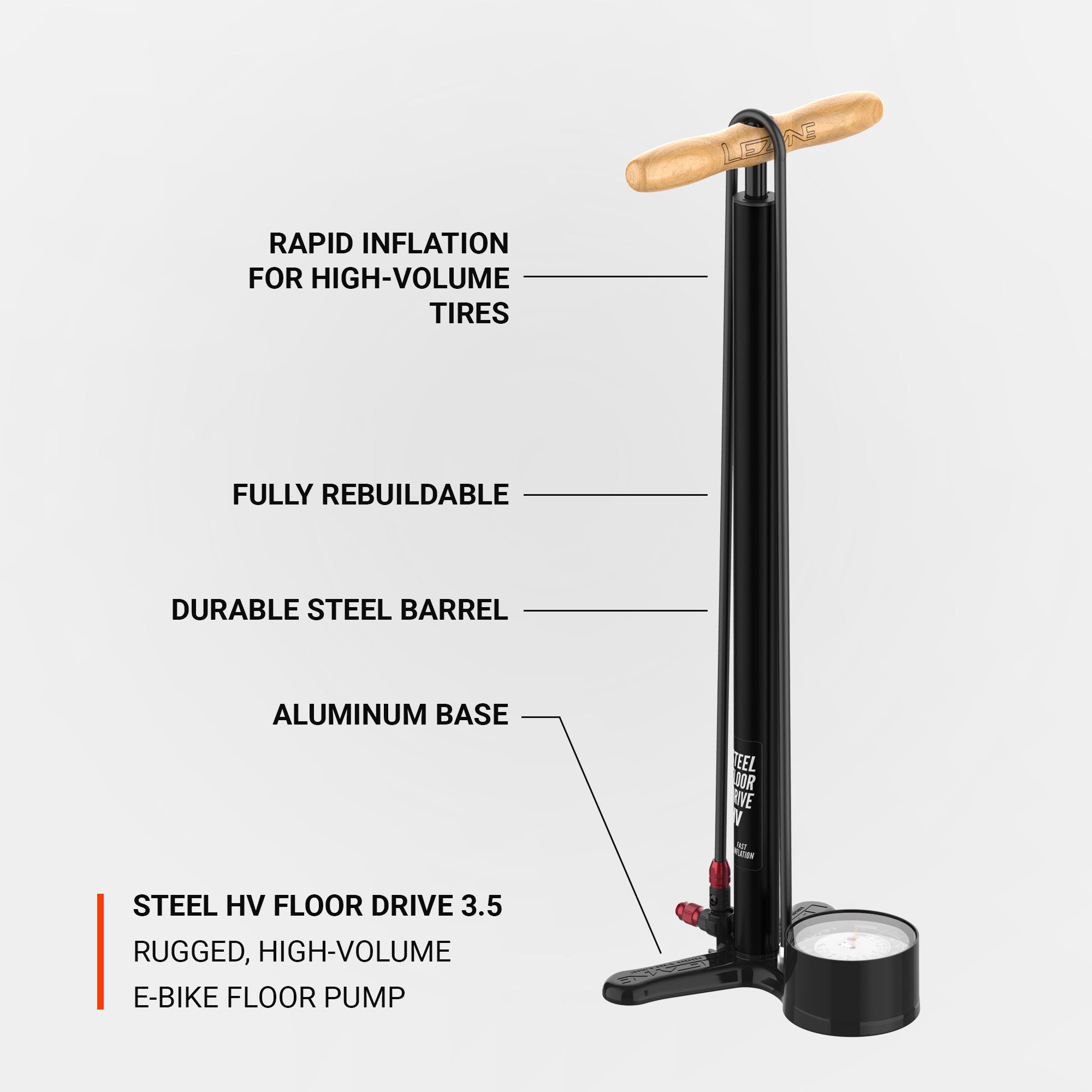 Lezyne Steel HV Floor Drive 3.5: Rapid inflation for high-volume tires with a durable steel barrel, aluminum base, and fully rebuildable design.