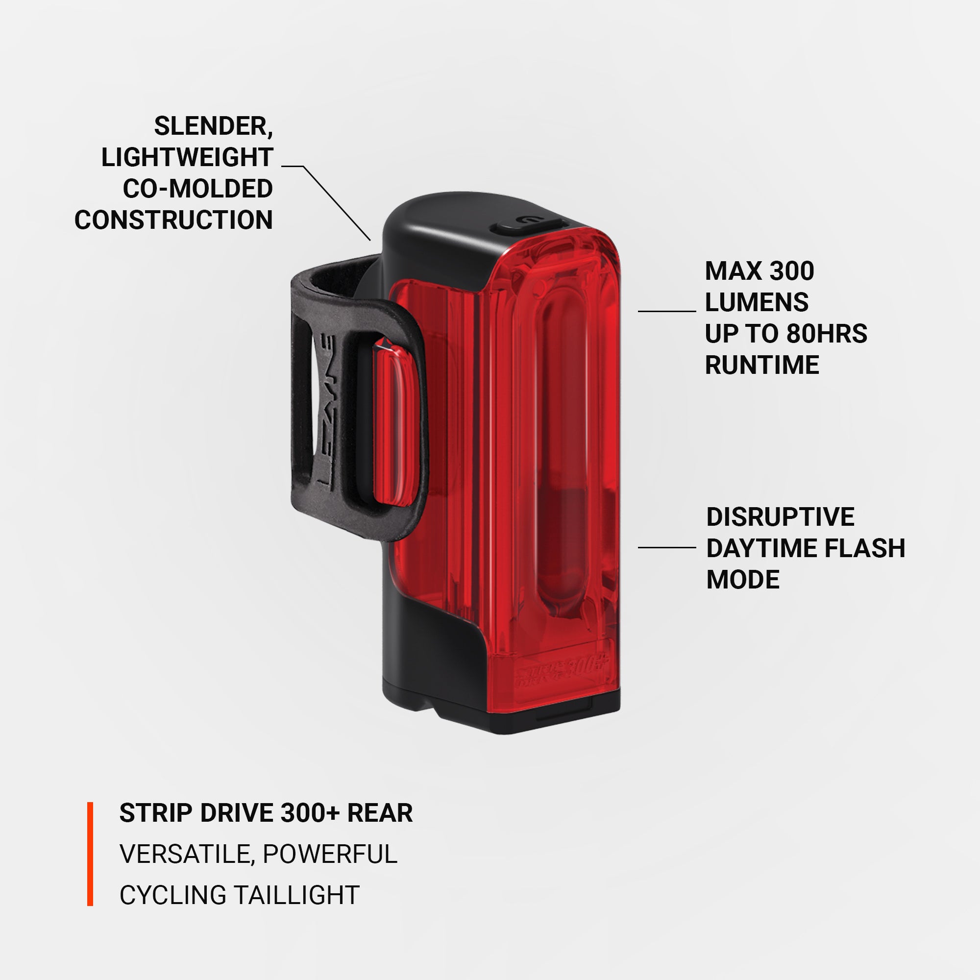 STRIP DRIVE 300+ REAR LED bike light with lightweight, durable co-molded design, 300 lumens output, 80-hour runtime, and daytime flash modes.