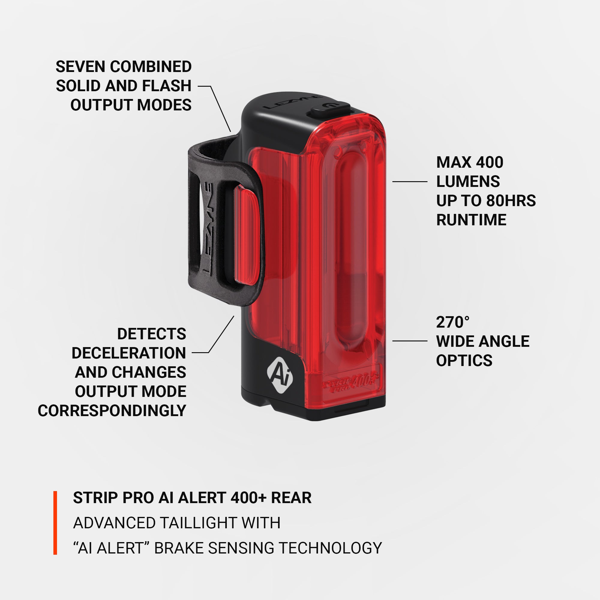 Lezyne Strip Pro Ai Alert with seven combined flash modes.