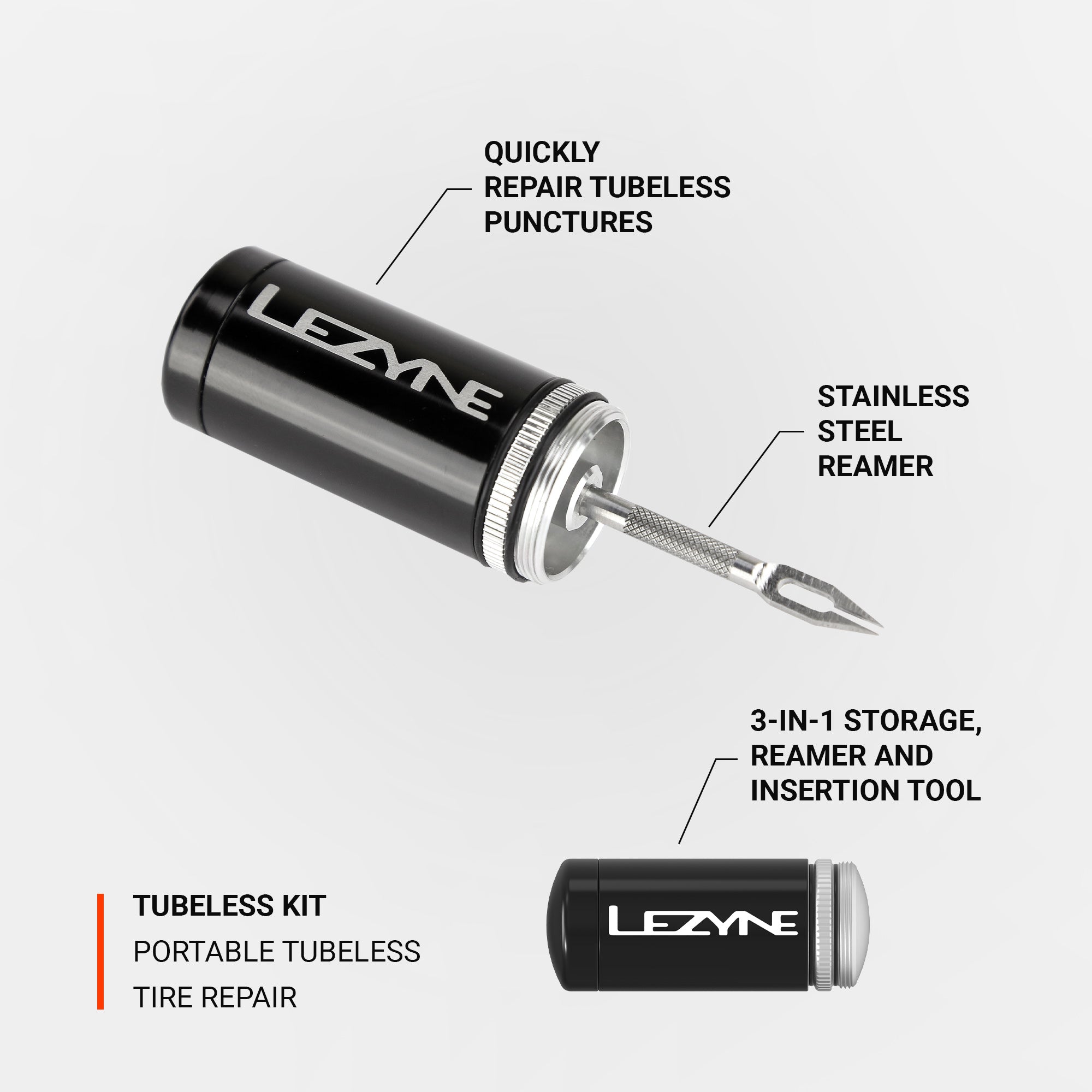 Lezyne Tubeless Kit, portable tubeless tire repair kit. Quickly repair tubeless punctures. Sturdy aluminum storage.