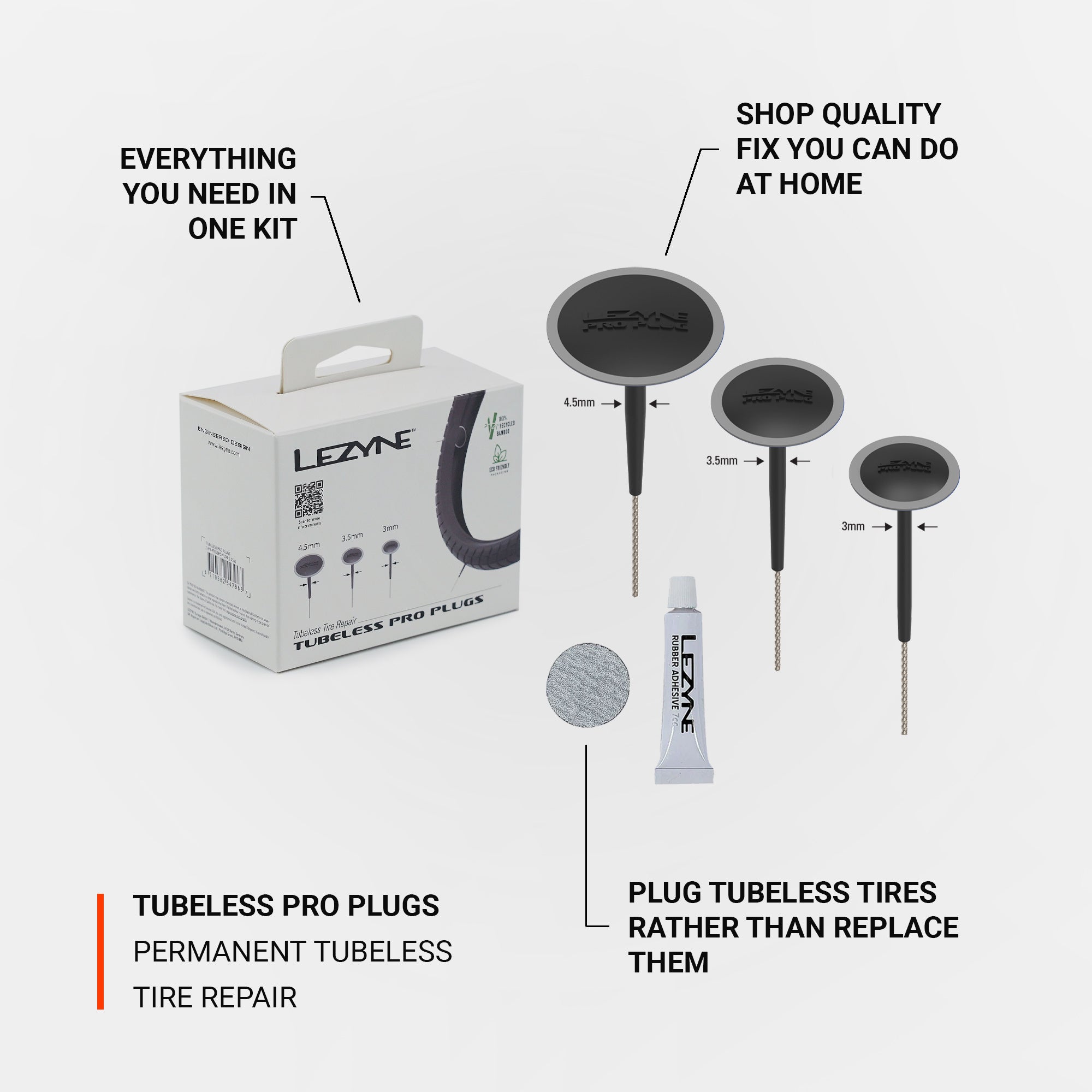 The Lezyne Tubeless Pro Plugs set includes an abrasive pad and rubber cement for a strong seal.