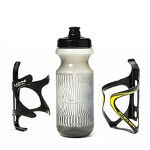 2 cages for mounting a water bottle to a bicycle and a water bottle.