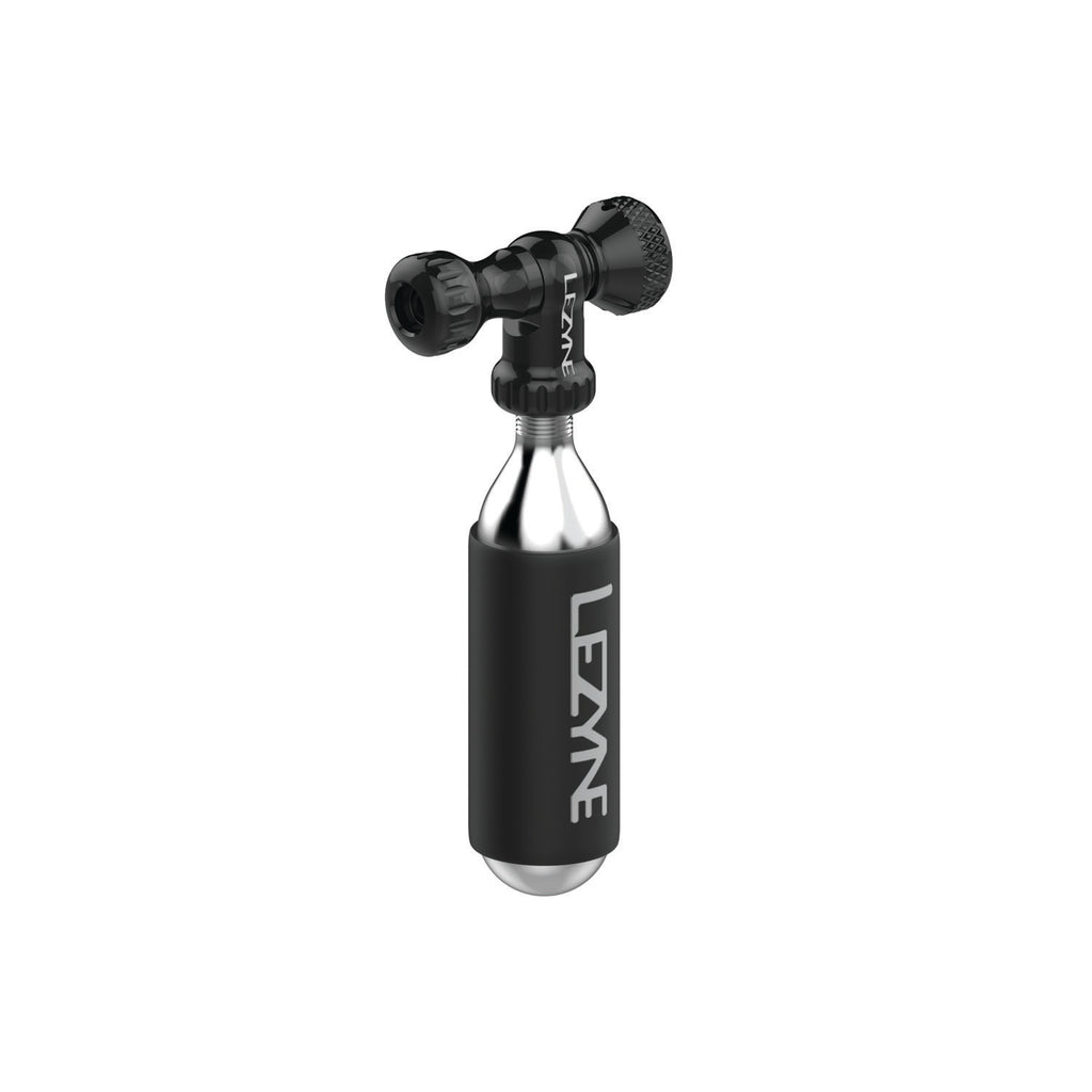 Lezyne Control Drive CO2 inflator in black with CNC-machined aluminum body, twist control knob, and Twin Slip Chuck valve head.