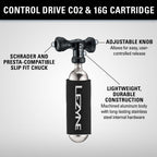 Close-up of Control Drive CO2 inflator showing knurled twist knob, aluminum body, and Twin Slip Chuck head for Presta and Schrader valves.