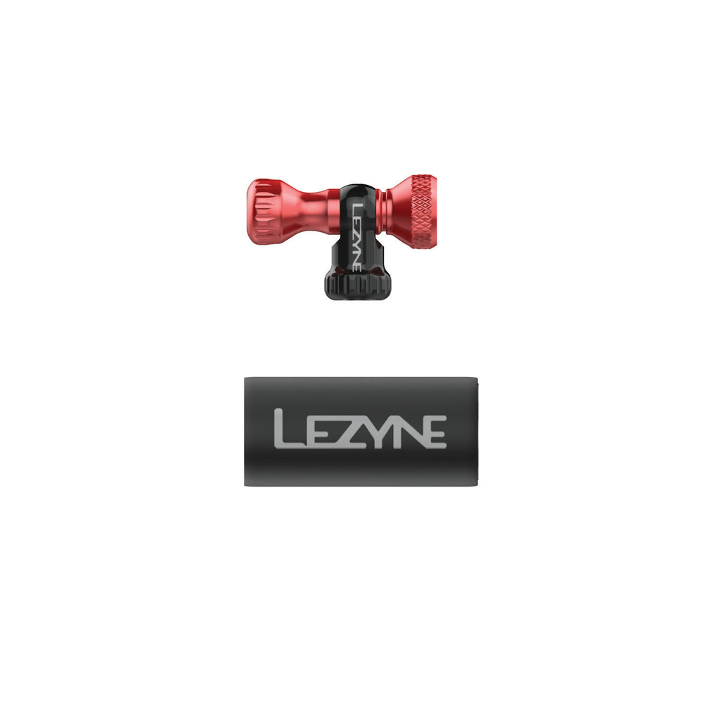 Red anodized Control Drive CO2 inflator head, lightweight and compatible with threaded CO2 cartridges only.