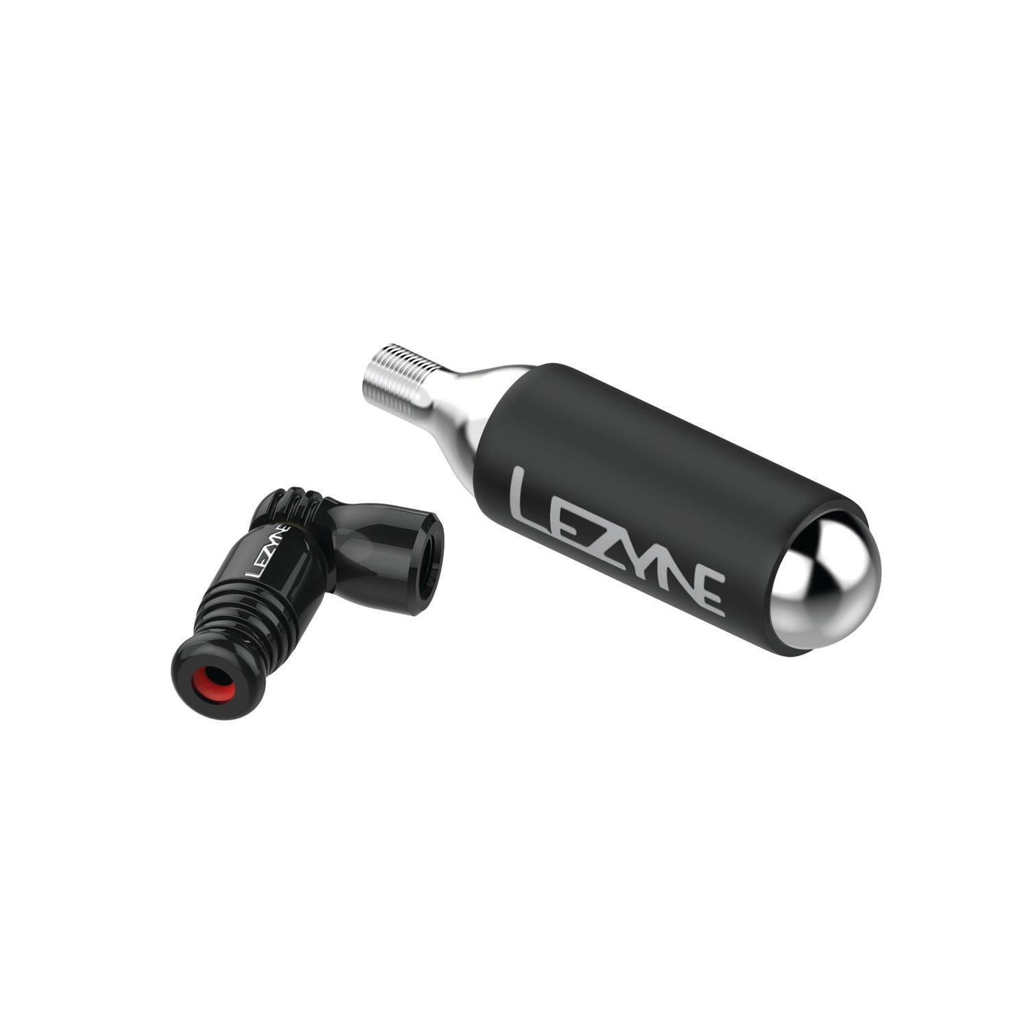 Black Trigger Speed Drive CO2 inflator head and 16g cartridge separated, compact design with trigger valve and Presta fit.
