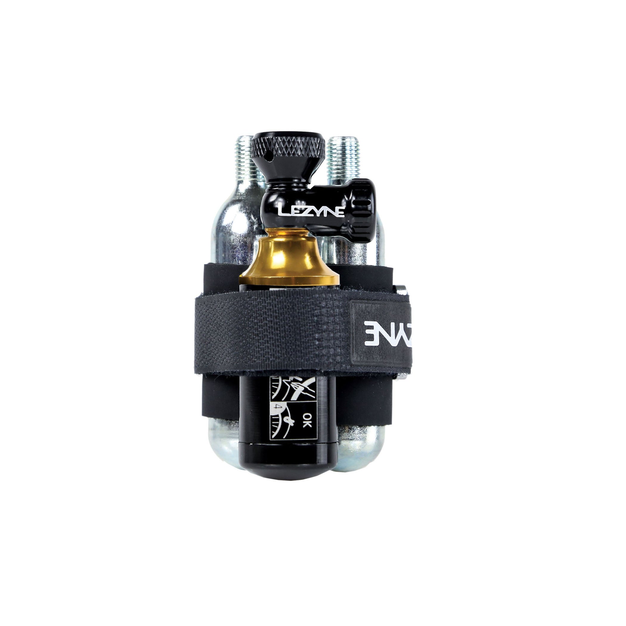 Compact Lezyne Tubeless CO2 Blaster set with dual CO2 cartridges, aluminum build, and plug storage canister.