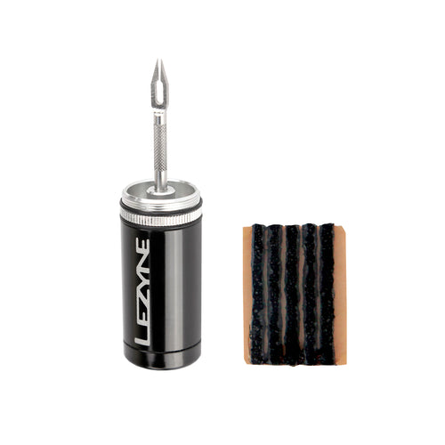 Lezyne Tubeless repair kit with reamer and strips for quick tubeless bike tire repairs.