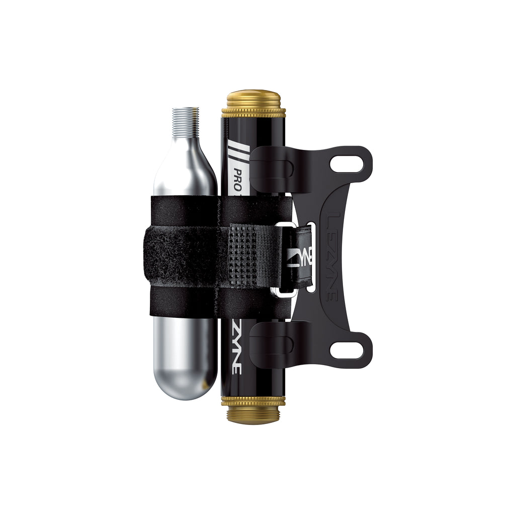 Pro Tubeless Kit Loaded, featuring a mounting bracket, CO2 cartridge and strap for easy storage.