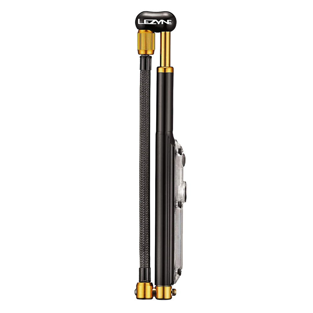 Close up of Lezyne Digital Shock Drive showing integrated low profile digital pressure gauge.