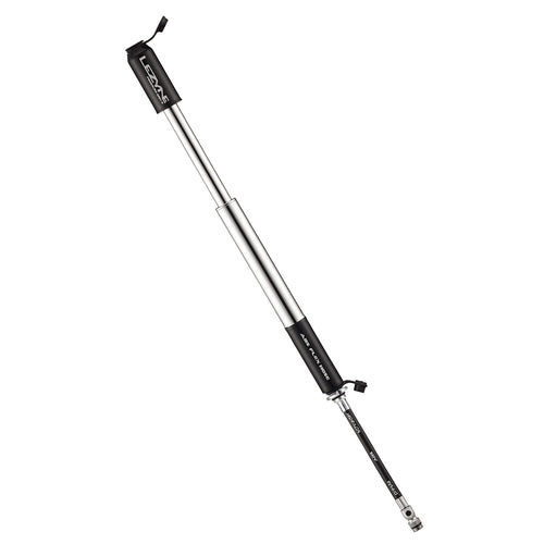 Compact and lightweight CNC aluminum bike hand pump with flexible hose, ideal for road and commuter cyclists.