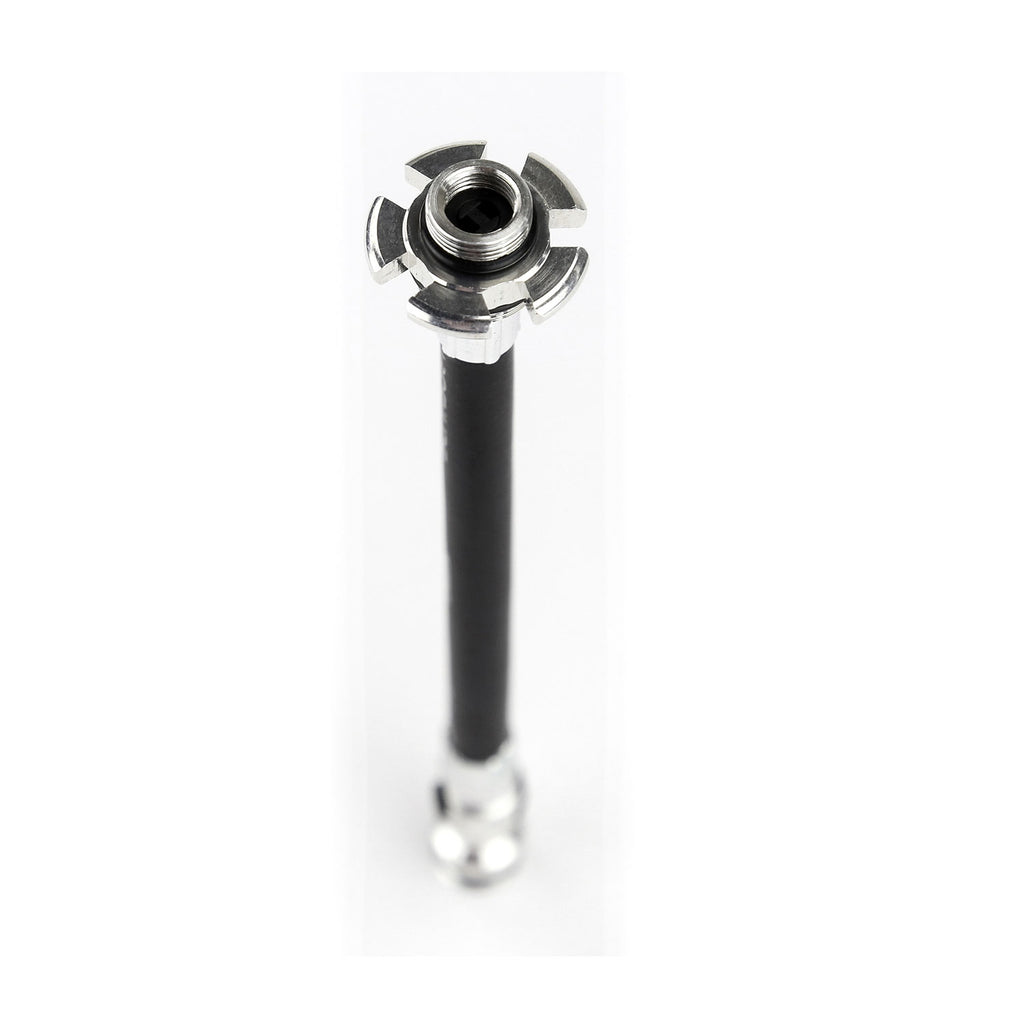 Close-up of the ABS Flex Hose with valve core tool on the Pressure Drive bike hand pump, compatible with Presta and Schrader valves.